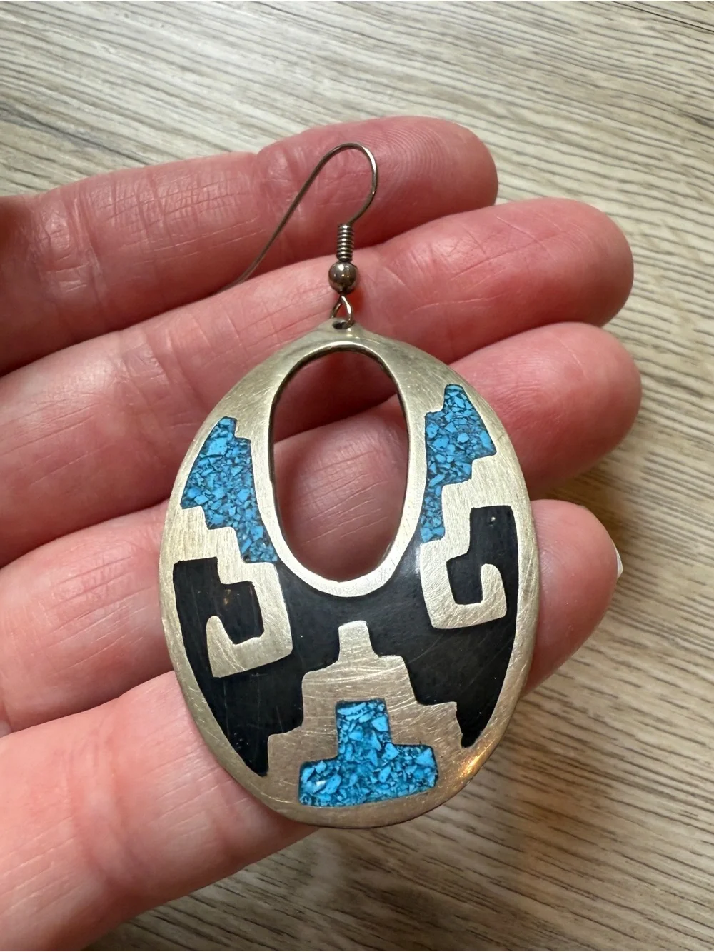 Vintage Alpaca Mexico Geometric Turquoise Black French Hook Earrings Silver 2.5”
